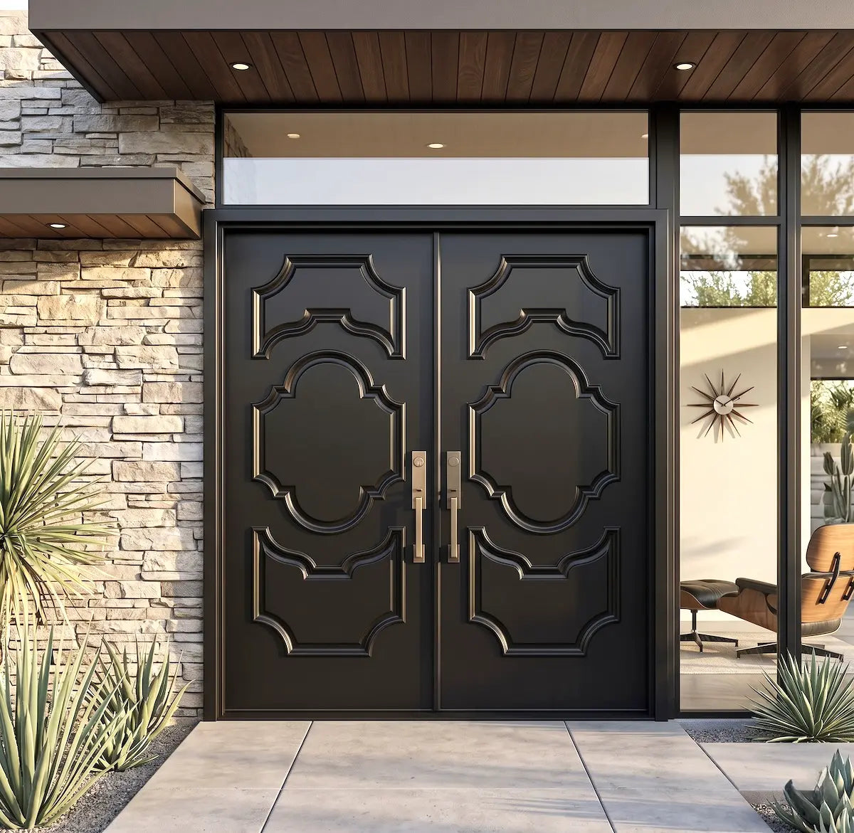 Modern black double doors with decorative patterns on a stone building exterior.